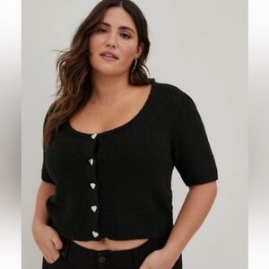 Torrid Heart Button Front Cropped Black Cardigan with Heart Buttons